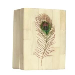 World Market Ivory Mosaic Trinket Box with Peacock Feather Design